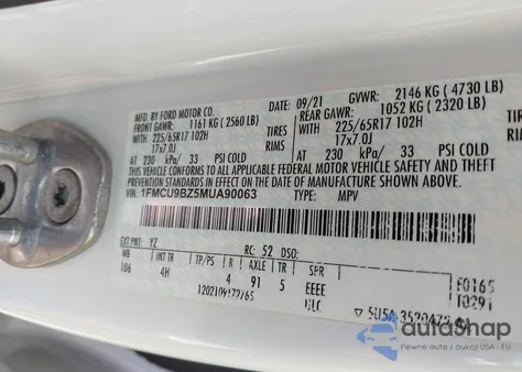 2021 Ford Escape Se Hybrid из США, поврежденный, VIN 1FMCU9BZ5MUA90063